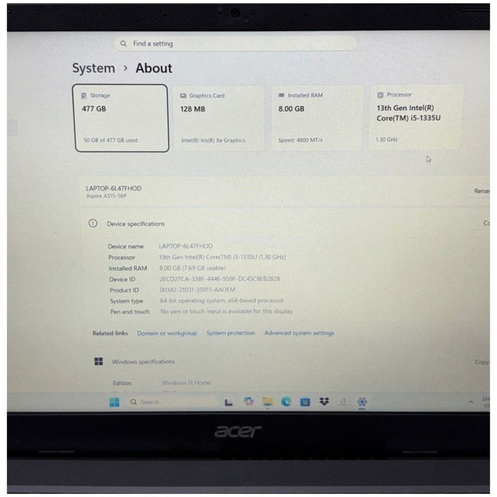 Acer N23C3 13Gen Inter Core i5-1335U 8GB Ram 512GB SSD Windows 11 Home 15.6” Laptop