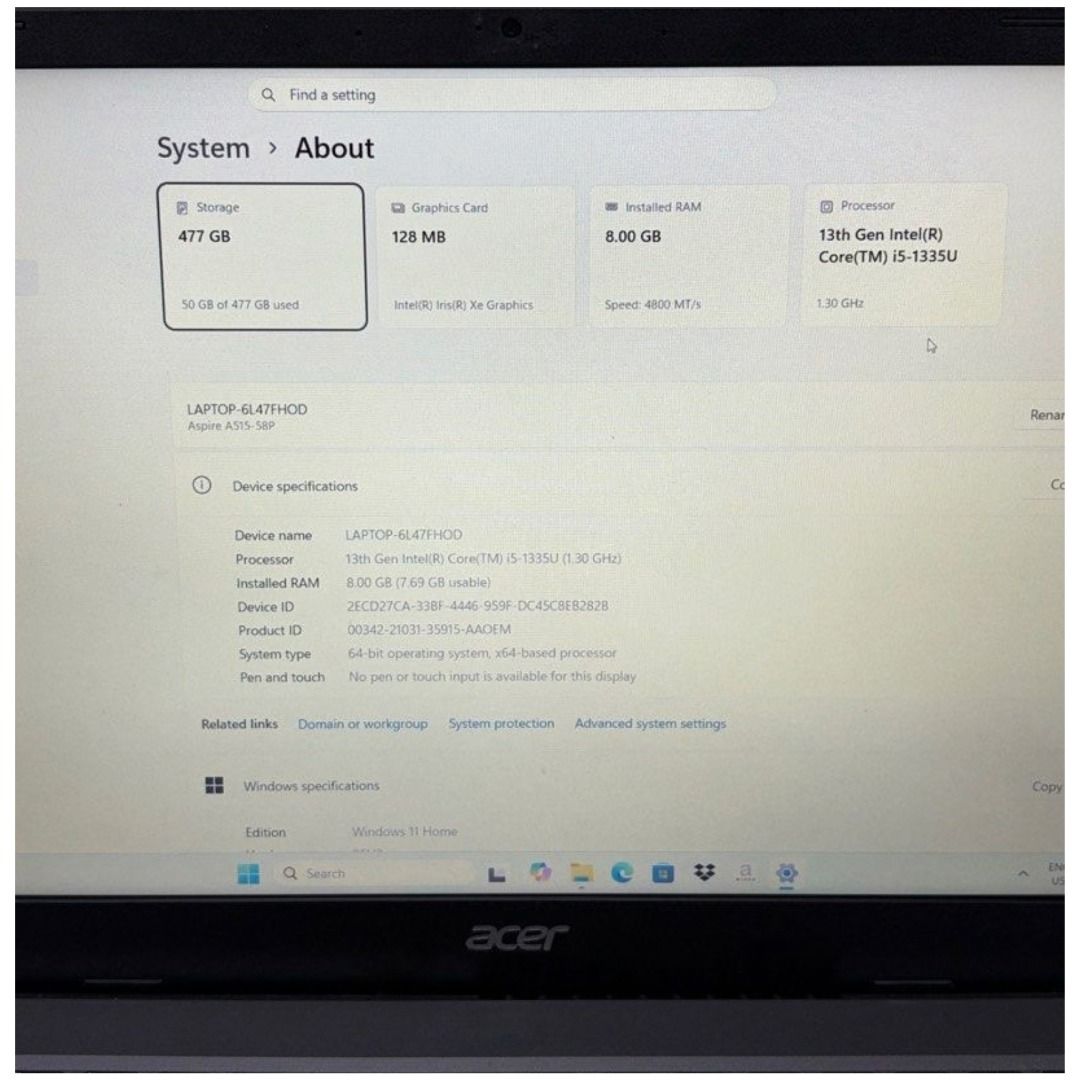 Acer N23C3 13Gen Inter Core i5-1335U 8GB Ram 512GB SSD Windows 11 Home 15.6” Laptop