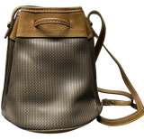 Vintage Charles Jourdan Coated Canvas Drawstring Bucket Bag With Tan Leather Trim