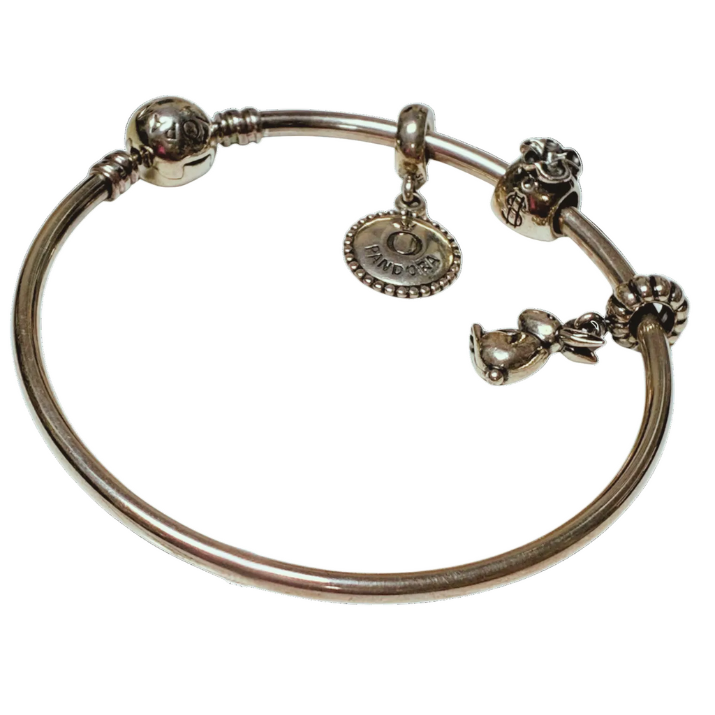 Pandora Moments Bangle Bracelet Sterling Silver With 3 Charms