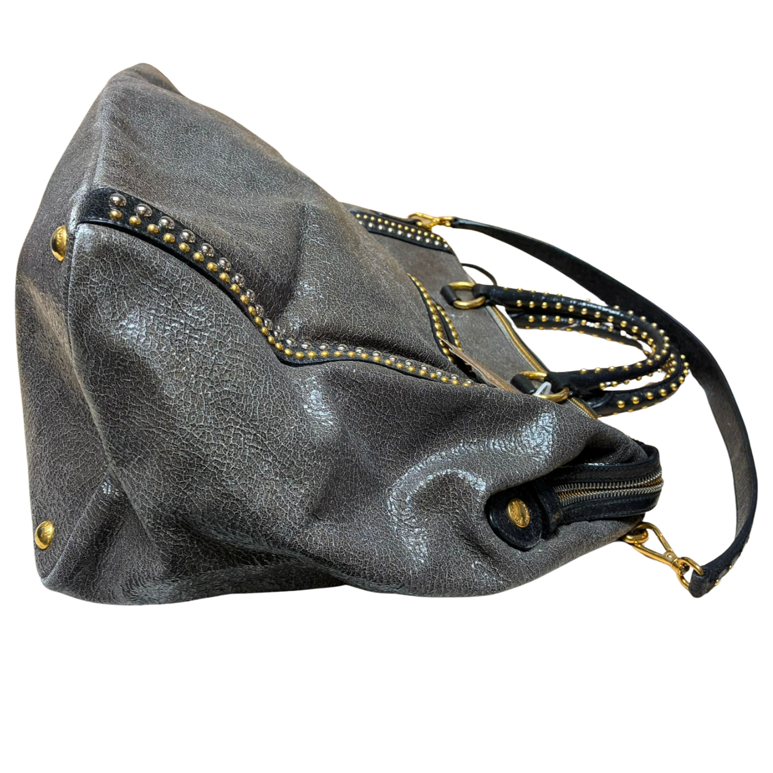 Prada Craquele Leather Studded Bauletto Large Tote