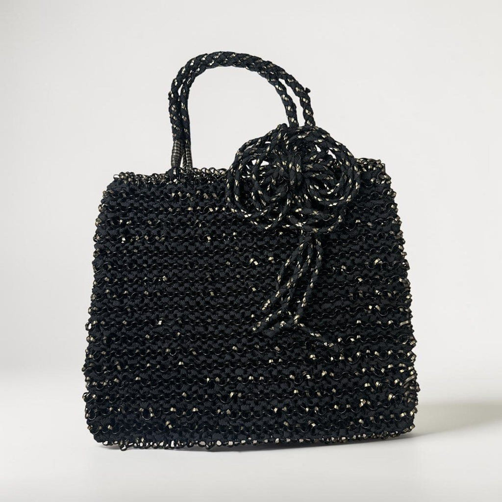 Anteprima Tote Bag  -BLACK WIRE MESH/SHOELACE BOW with small BROOCH