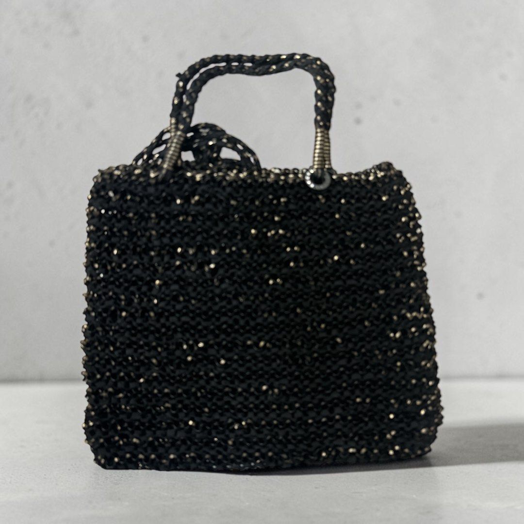 Anteprima Tote Bag  -BLACK WIRE MESH/SHOELACE BOW with small BROOCH
