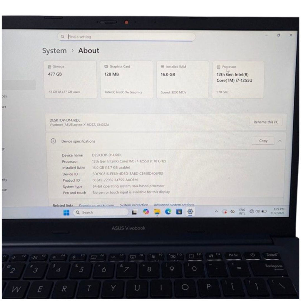 Asus Vivobook X1402ZA Intel Core i7-1255U, 16GB RAM, 512GB SSD, Windows 11 Home 14” Laptop