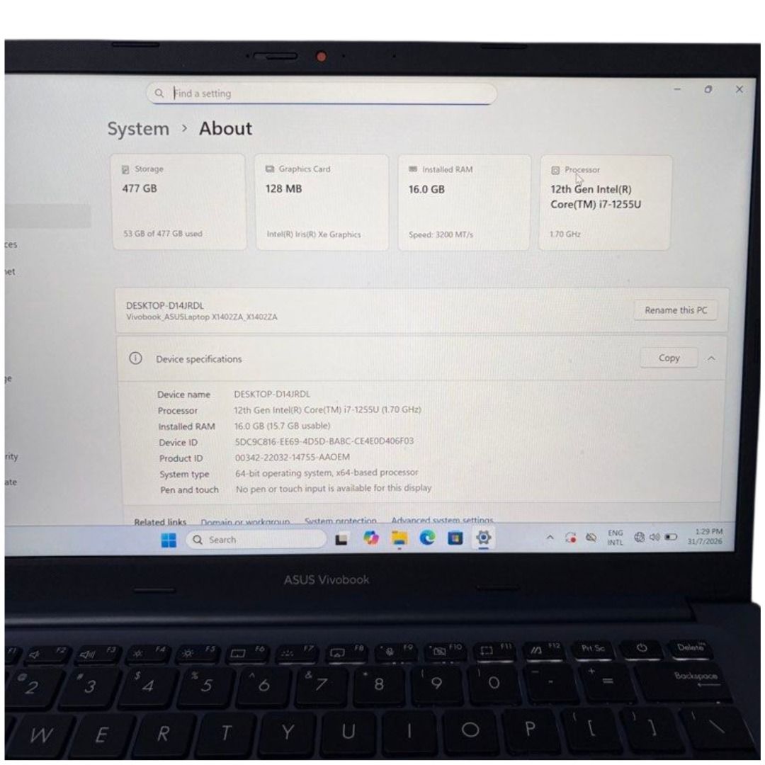 Asus Vivobook X1402ZA Intel Core i7-1255U, 16GB RAM, 512GB SSD, Windows 11 Home 14” Laptop