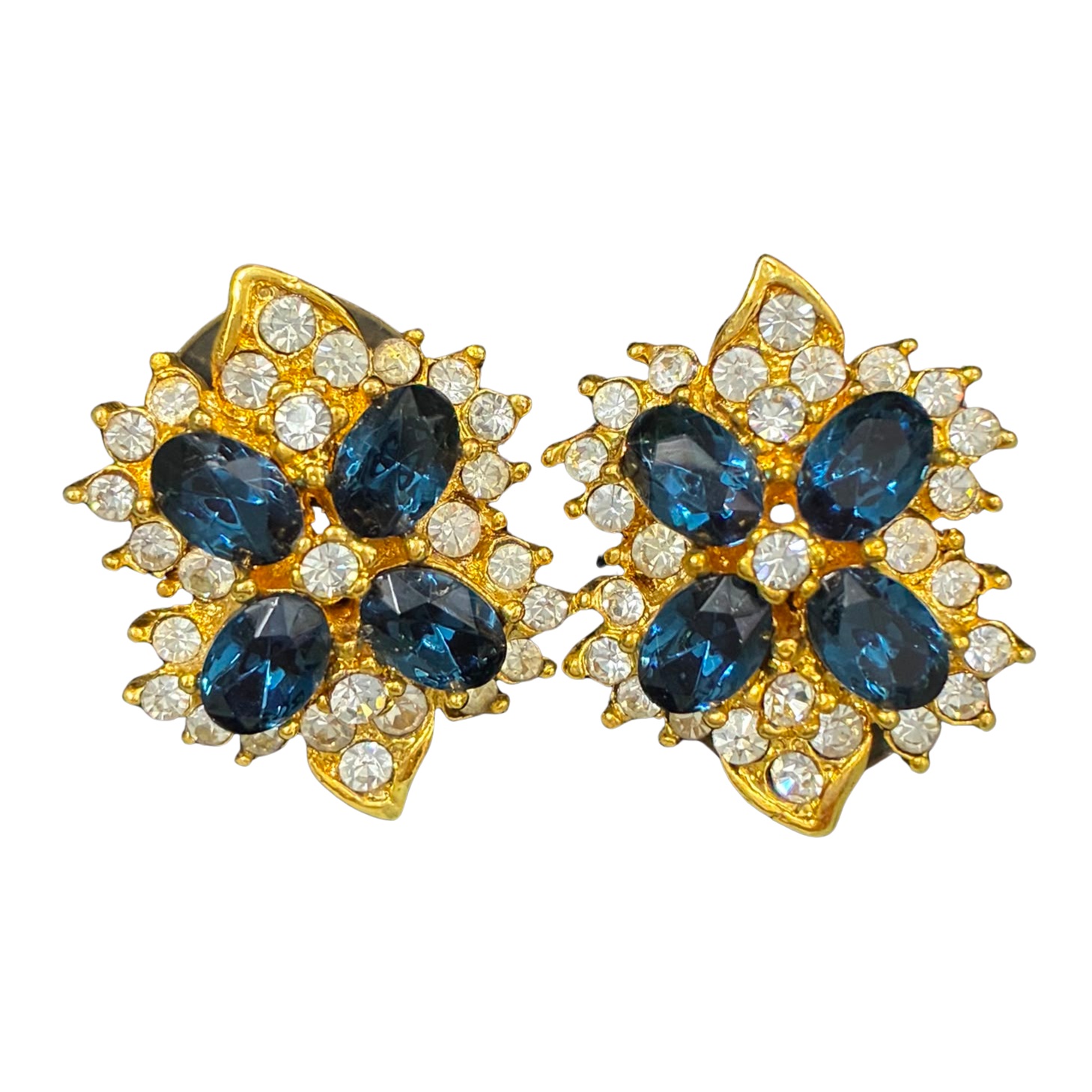 Vintage Style Gold Toned Cluster Earrings Oval Cut Blue Crystals Main image