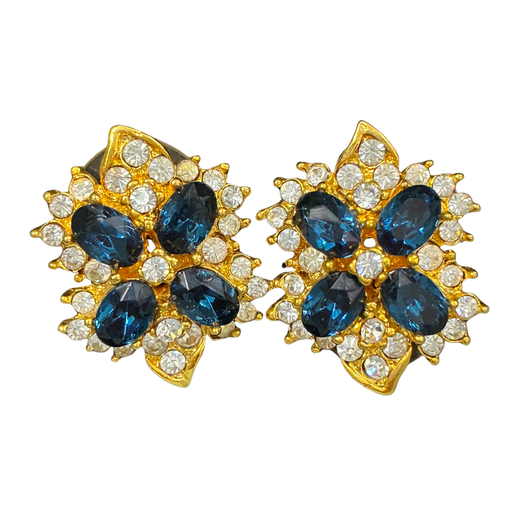 Vintage Style Gold Toned Cluster Earrings Oval Cut Blue Crystals