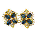 Vintage Style Gold Toned Cluster Earrings Oval Cut Blue Crystals
