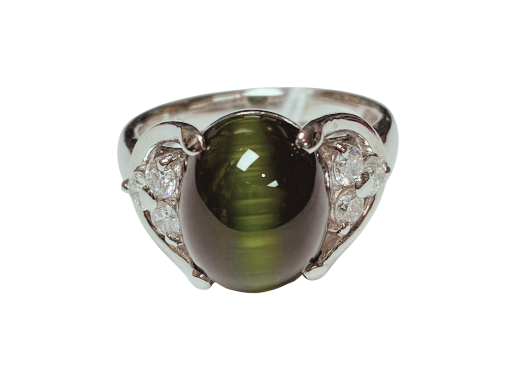 PT900 Cats Eye Green Tourmaline Cabochon And Diamond  Ring 8.7G