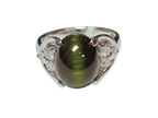 PT900 Cats Eye Green Tourmaline Cabochon And Diamond  Ring 8.7G