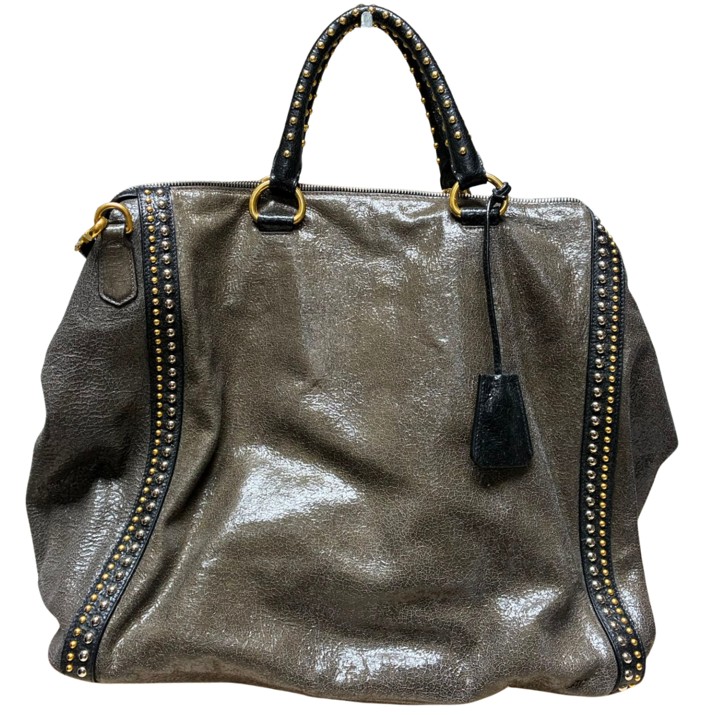 Prada Craquele Leather Studded Bauletto Large Tote