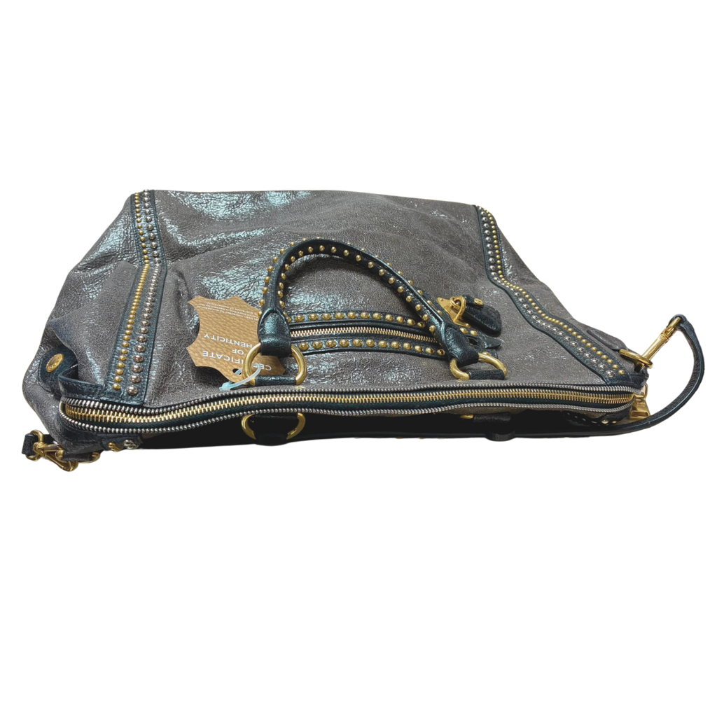 Prada Craquele Leather Studded Bauletto Large Tote