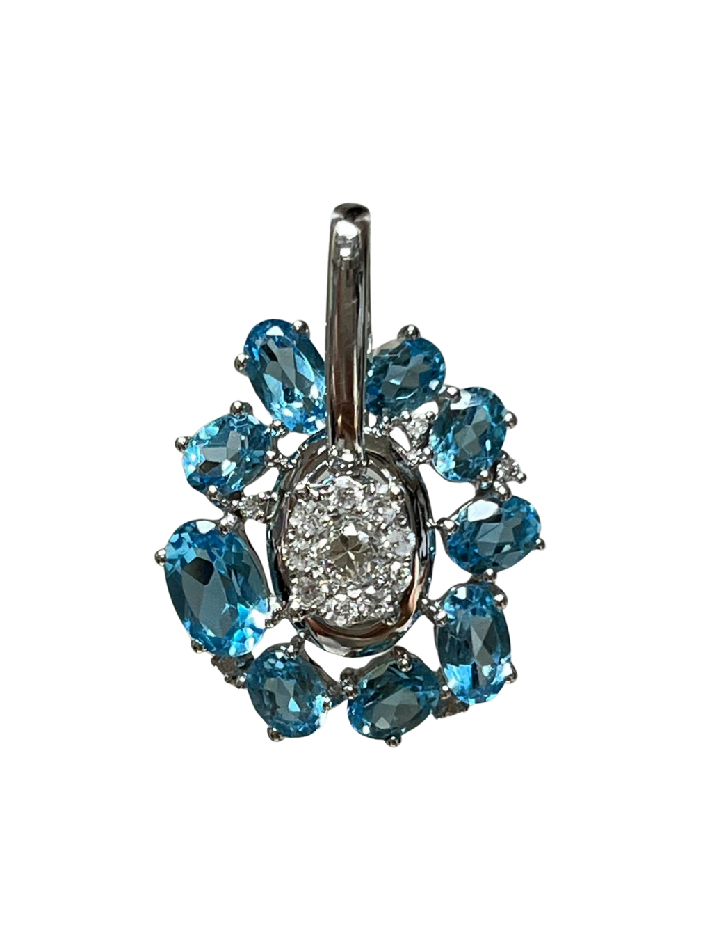 750WG Flower Shaped Blue Topaz And Diamond Pendant 2.3GM