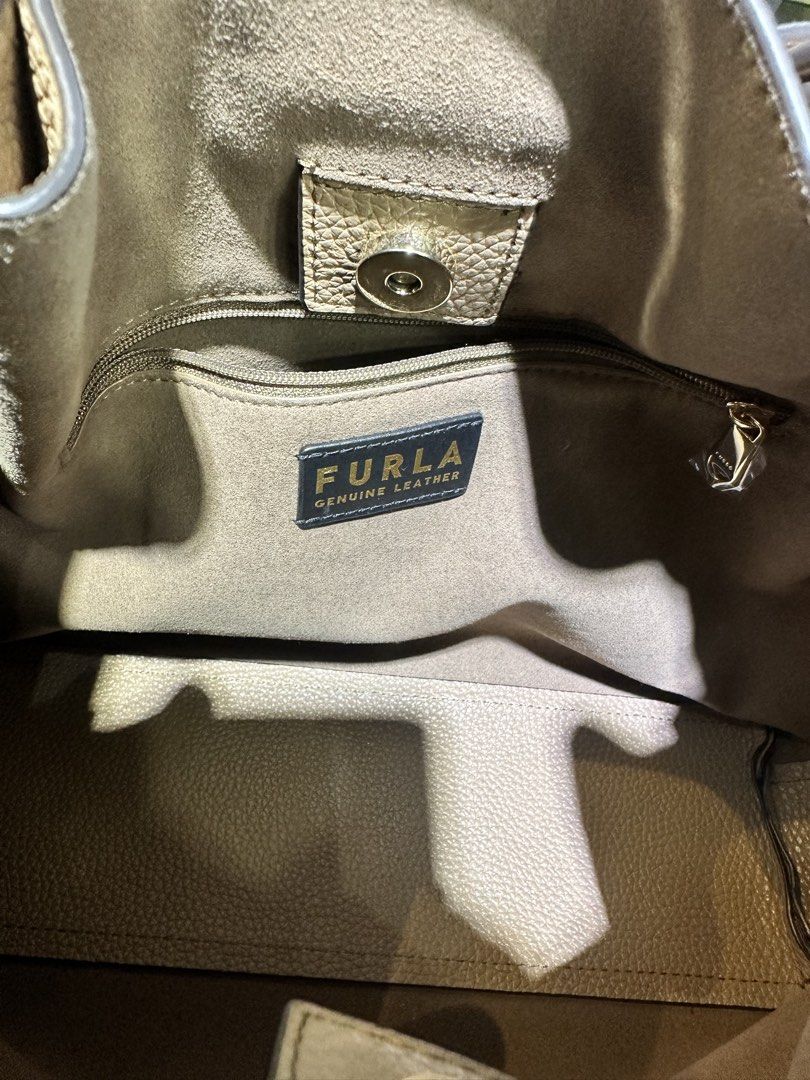 Furla Beige Pebbled Leather Shoulder Bag with Gold-Tone Hardware