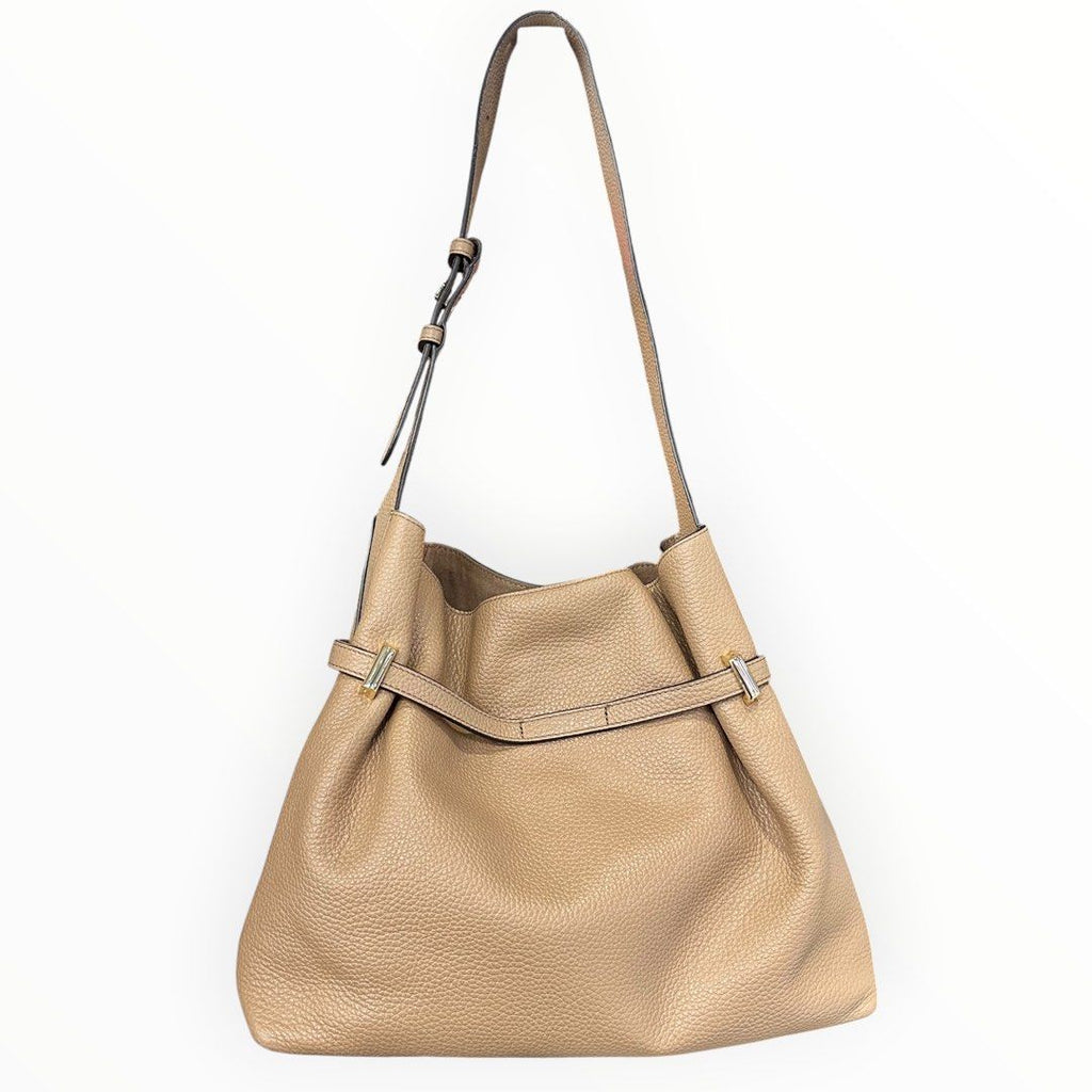 Furla Beige Pebbled Leather Shoulder Bag with Gold-Tone Hardware