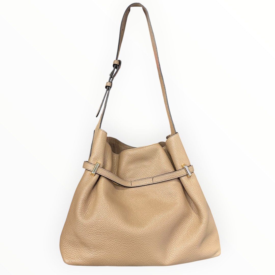 Furla Beige Pebbled Leather Shoulder Bag with Gold-Tone Hardware
