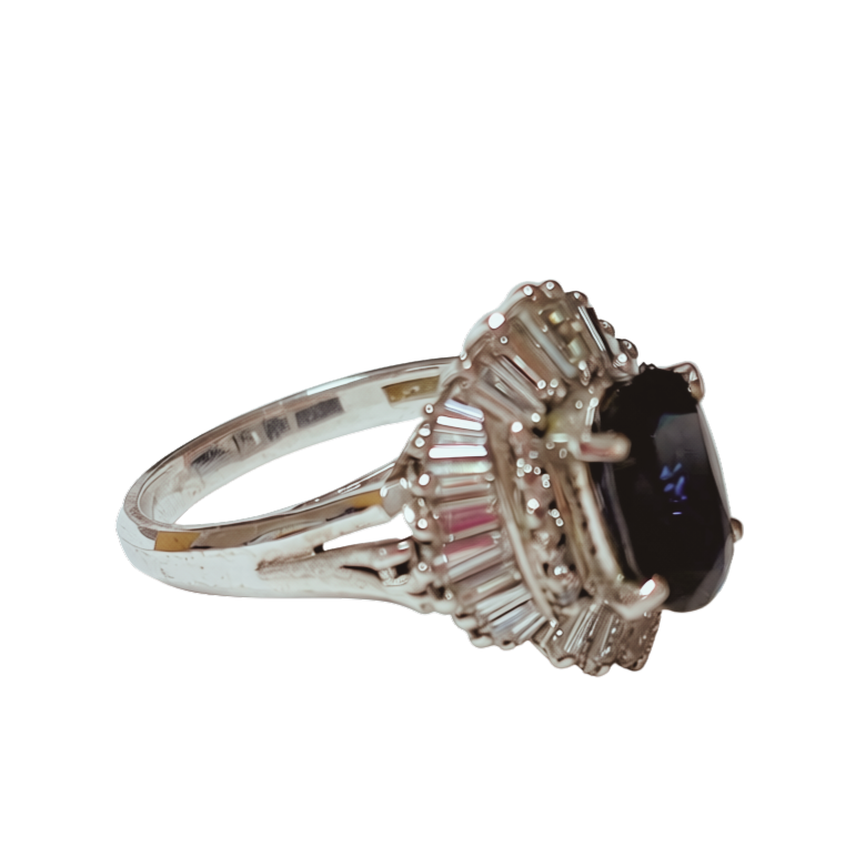 PT900  Ballerina Cluster Ring Oval Deep Blue Sapphire Framed By Tiered Halo Of Tapered Baguette And Round Diamonds 9.0G Size 11