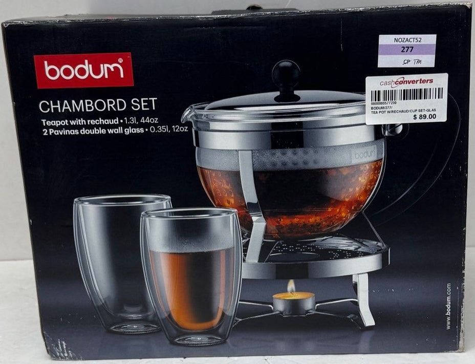Bodum Chambord Tea Pot With Rechaud And Glass Cup Set