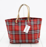 BURBERRY LONDON TOTE BAG-RED CANVAS NOVACHECK/LTHR HANDLE