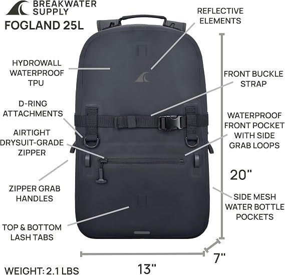 Breakwater Supply™ Fogland Waterproof IP68 Submersible Backpack with Airtight Zippers, Laptop Travel Outdoors 25L