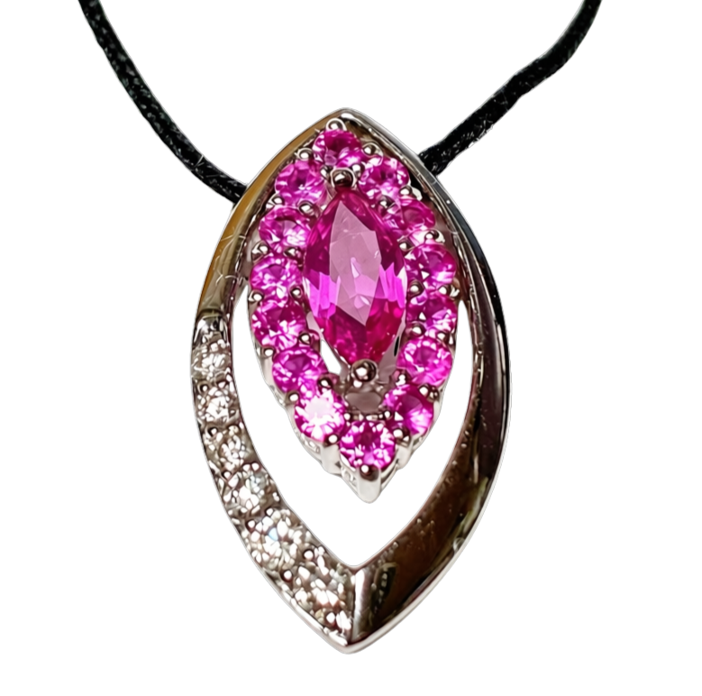 750 White Gold  Marquise Pink Sapphire And Diamond Pendant 2.6GM