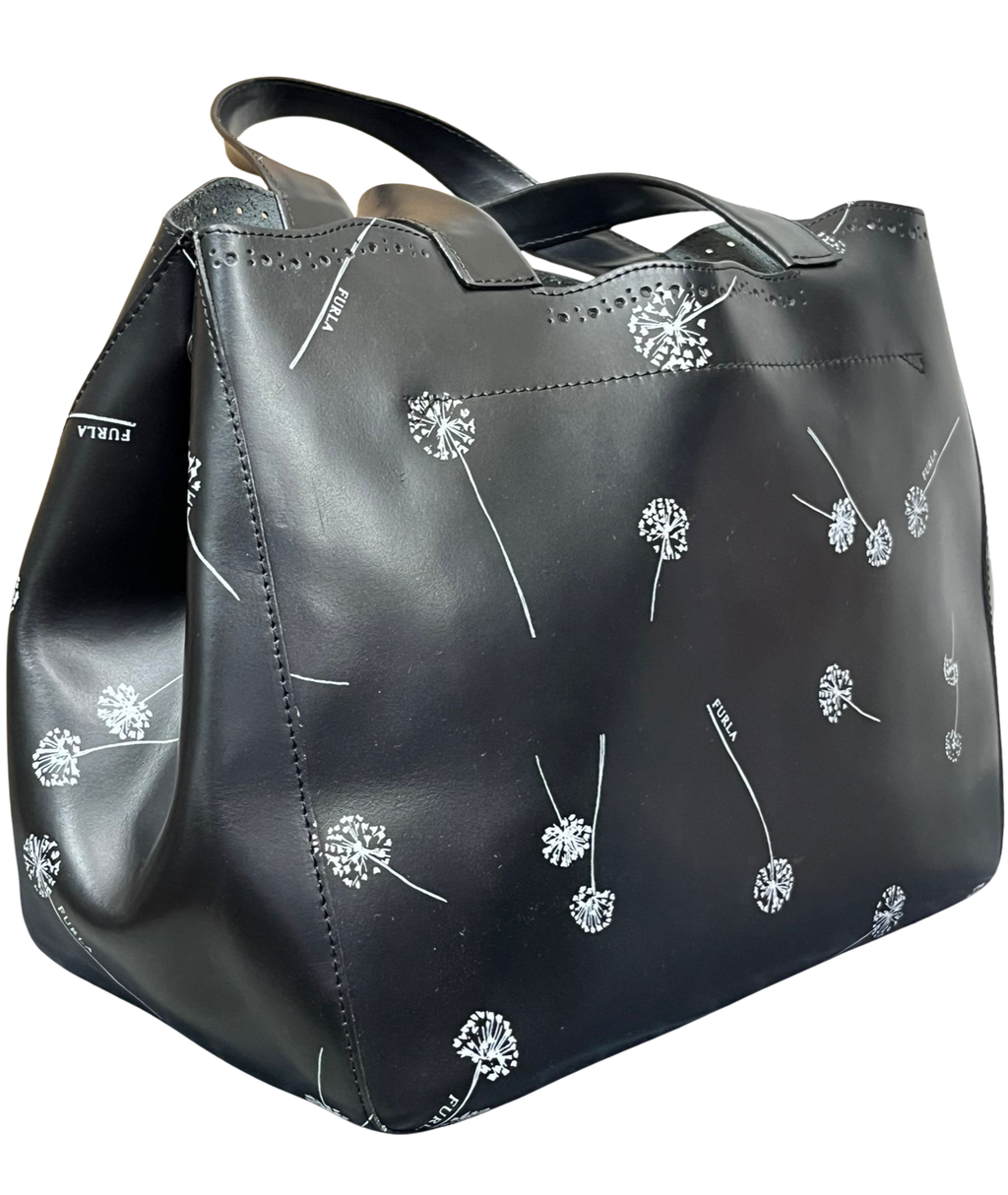 Furla Tote Bag Black Leather White Dandelion Print