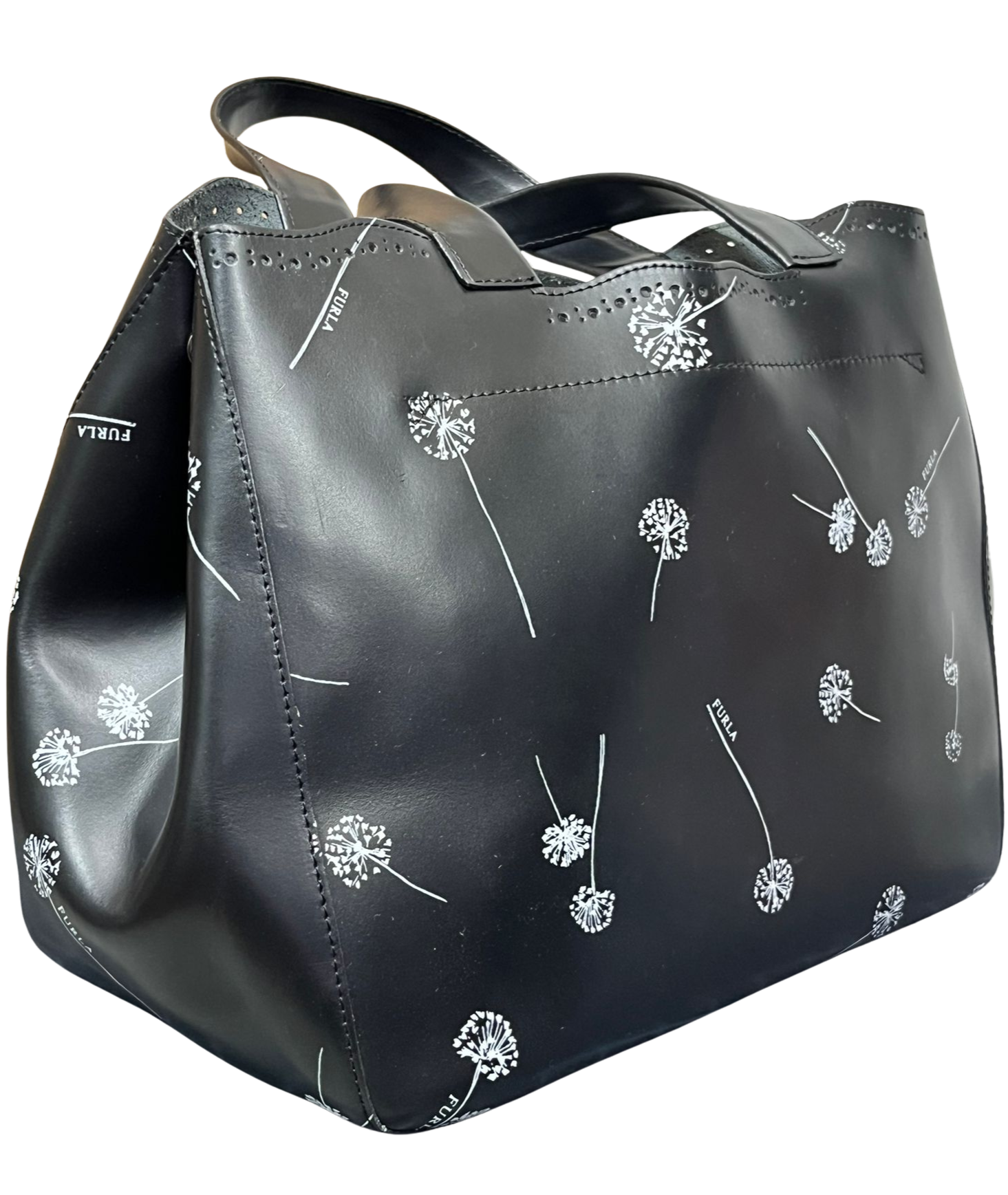 Furla Tote Bag Black Leather White Dandelion Print