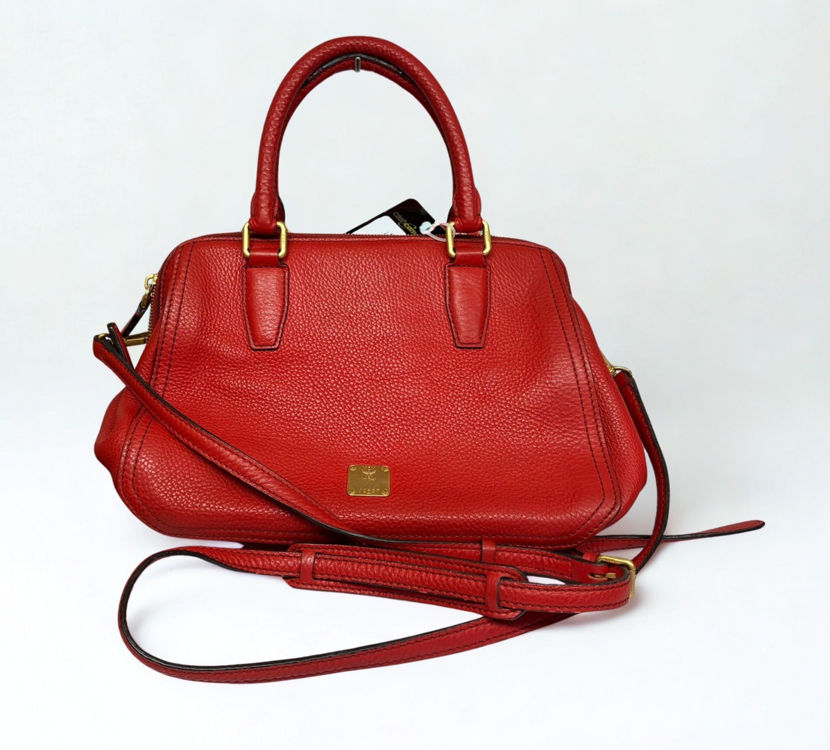 MCM Red Pebbled Leather 2 Way Satchel Shoulder Bag