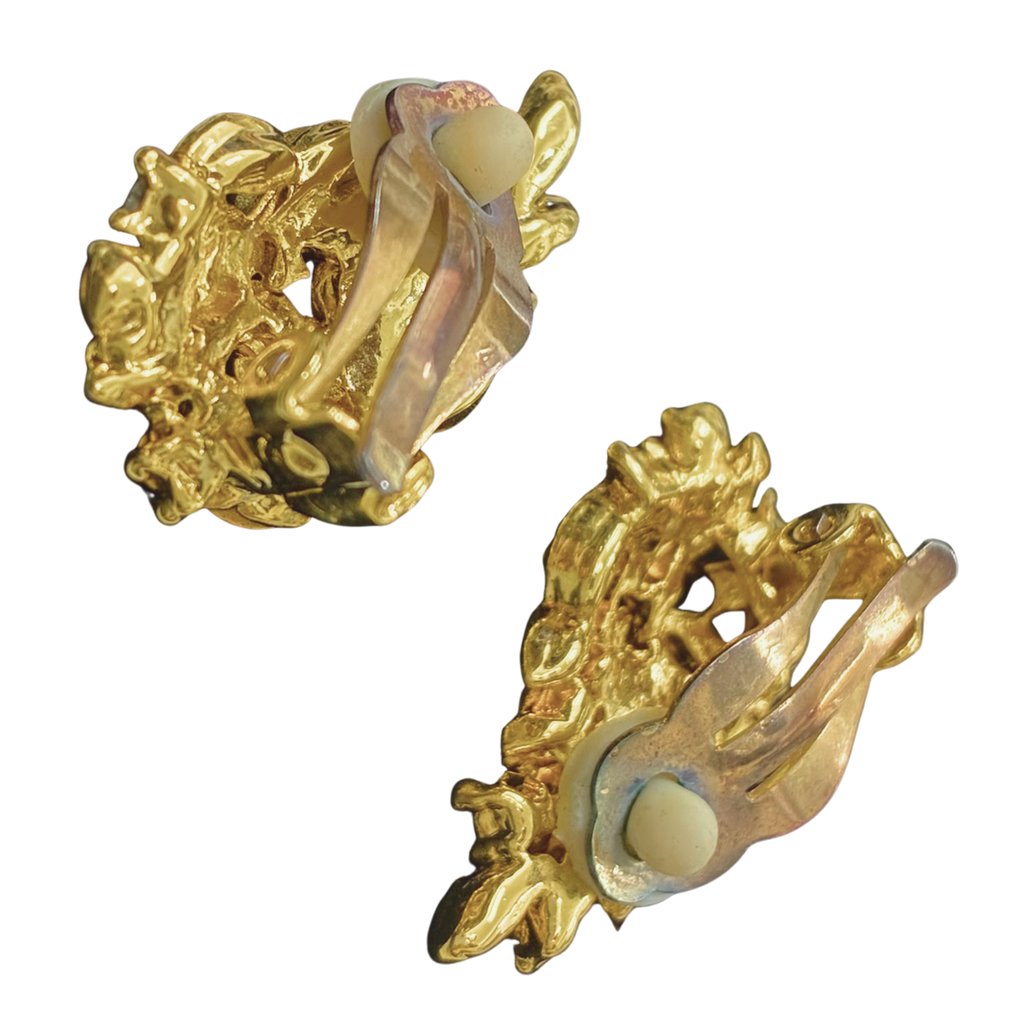 Gold Tone Clip On Earrings Crystal Cluster Leaf Shaped Design