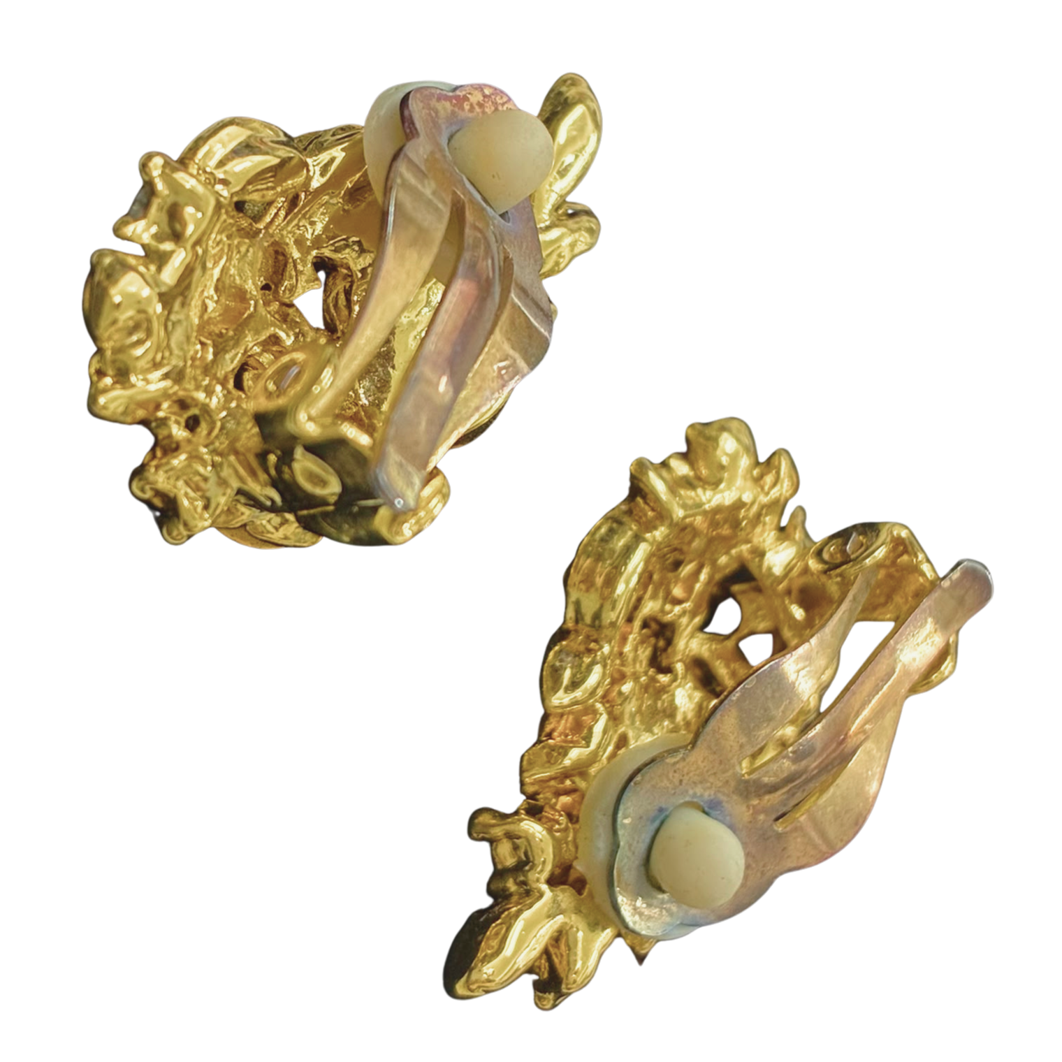 Gold Tone Clip On Earrings Crystal Cluster Leaf Shaped Design