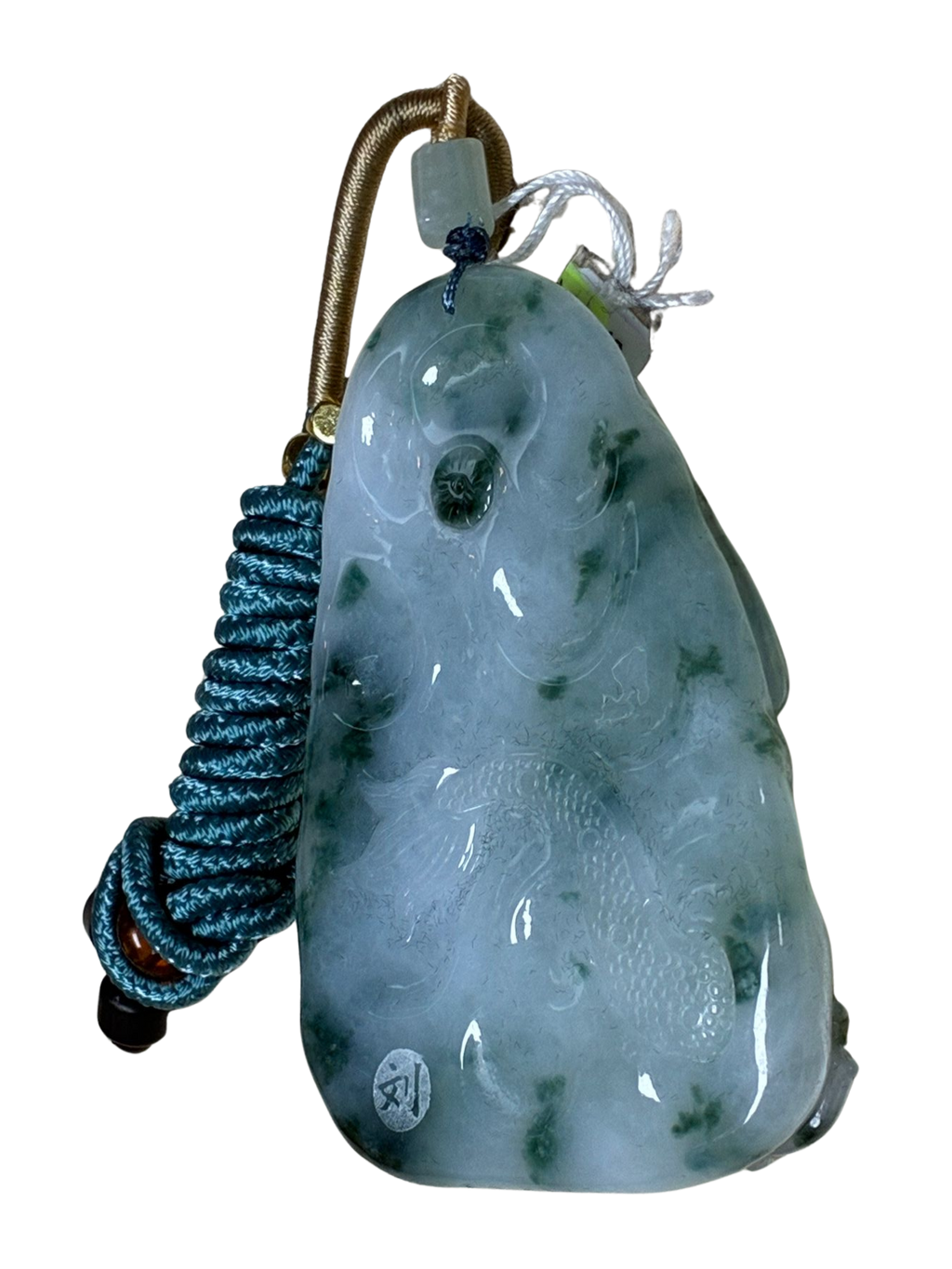 Carved Buddha And Dragon Green Jadeite Pendant With Cord Necklace