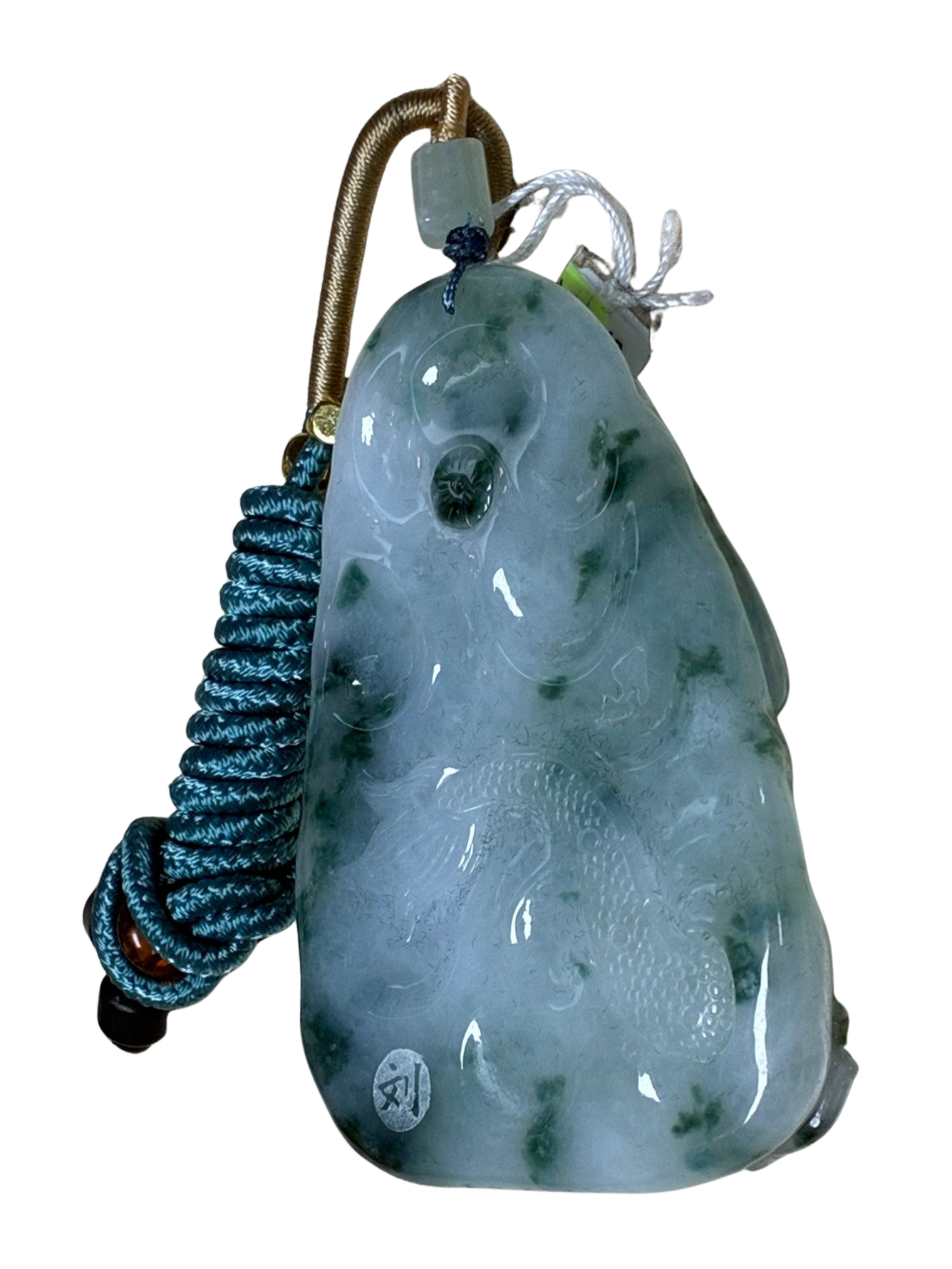 Carved Buddha And Dragon Green Jadeite Pendant With Cord Necklace