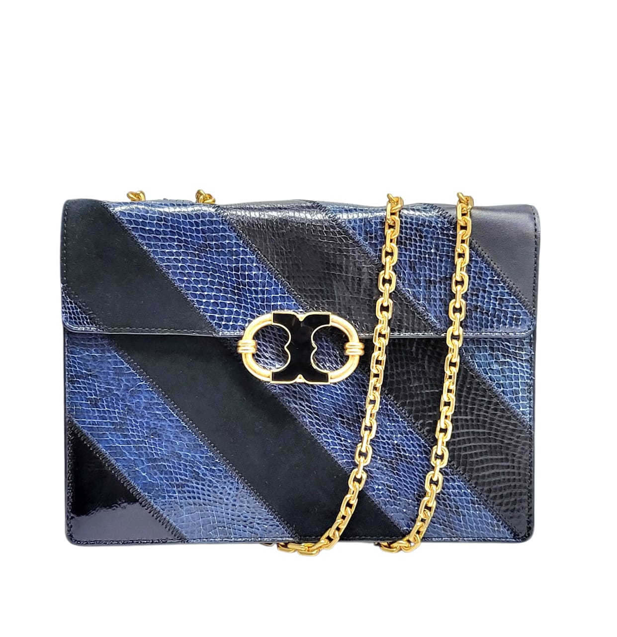 Tory Burch Navy/Black Snakeskin Embossed Leather and Suede Medium Gemini Link Shoulder Bag Main image