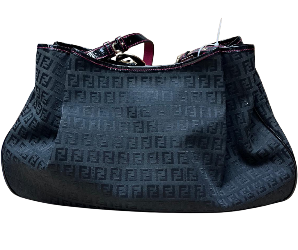 Fendi Black Zucchino Print Canvas And Patent Leather Shopper Tote