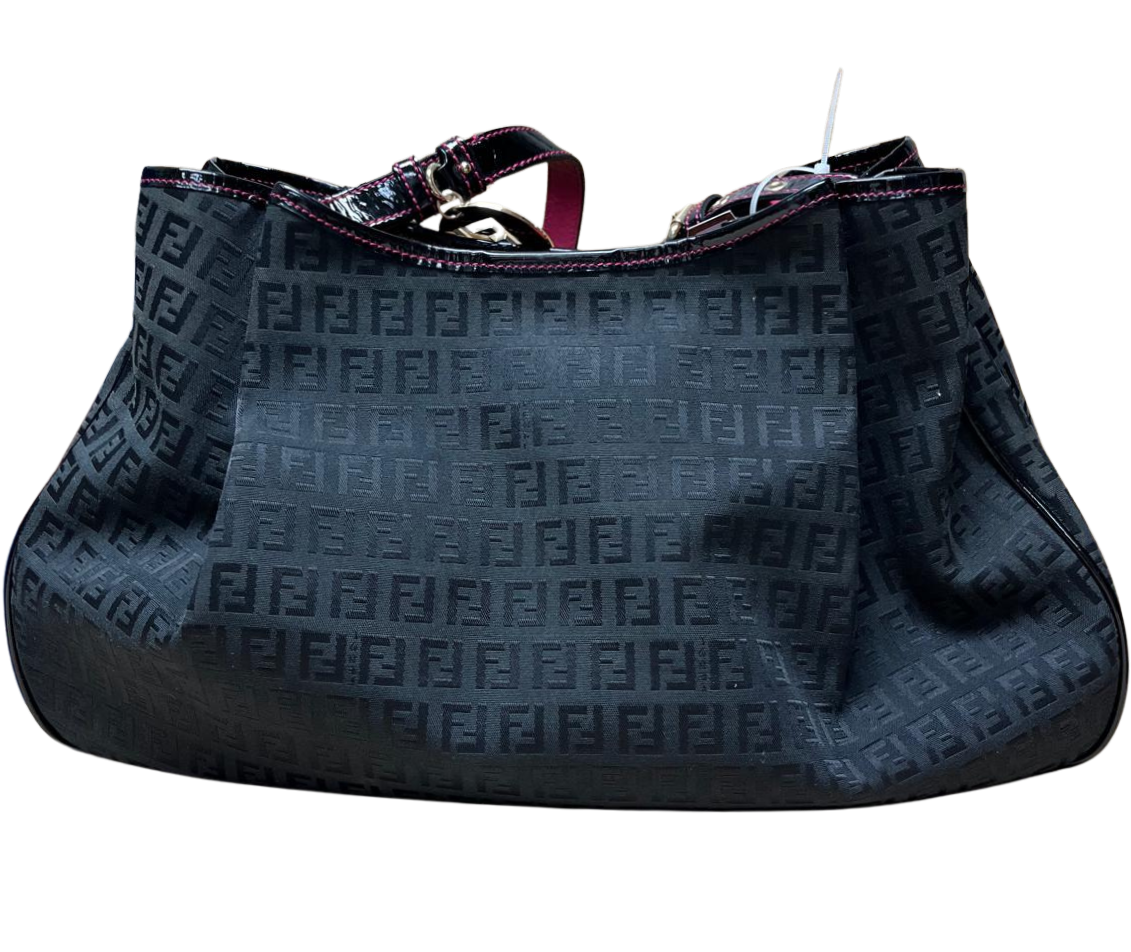 Fendi Black Zucchino Print Canvas And Patent Leather Shopper Tote