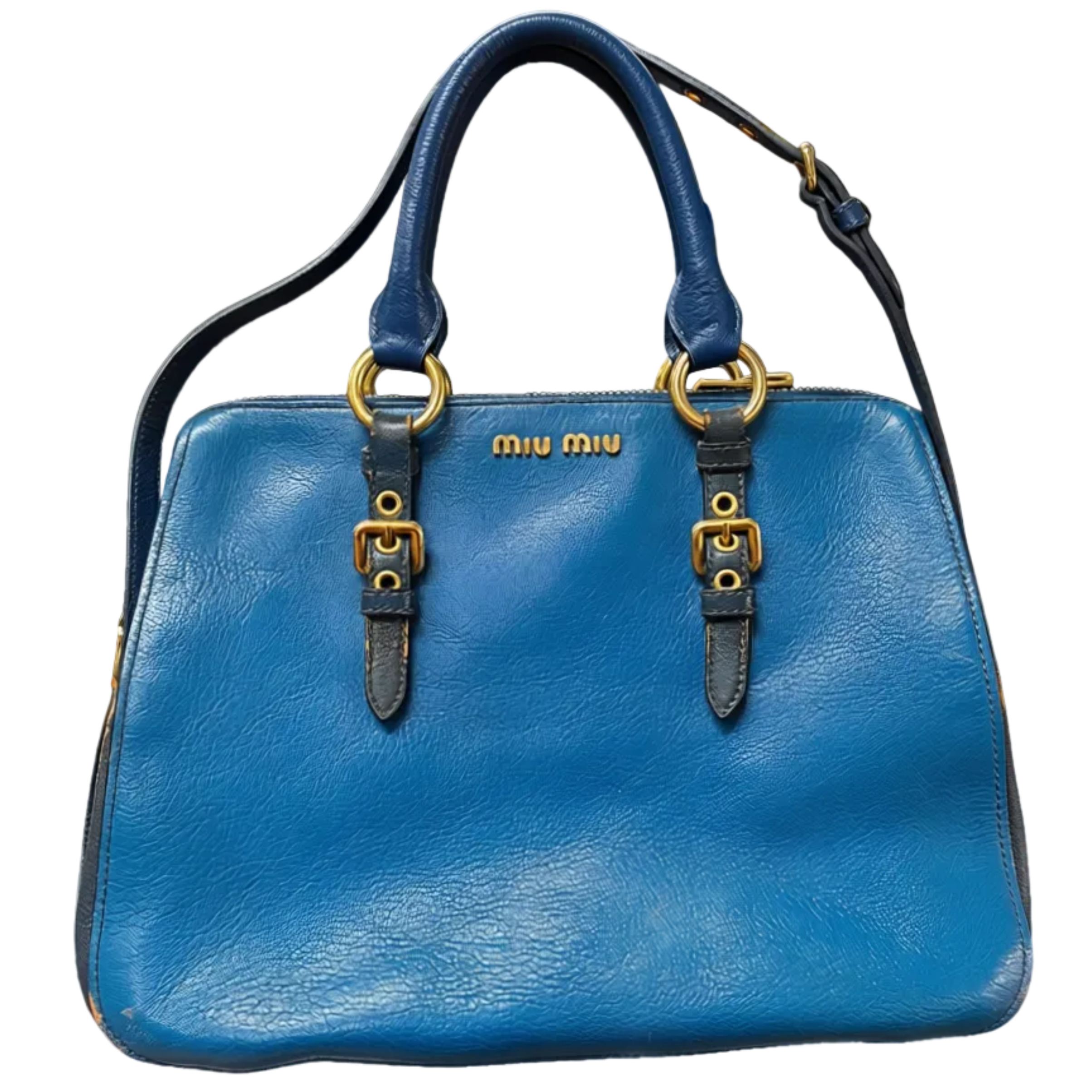 Miu Miu Madras Buckled Handles Leather Tote Bag