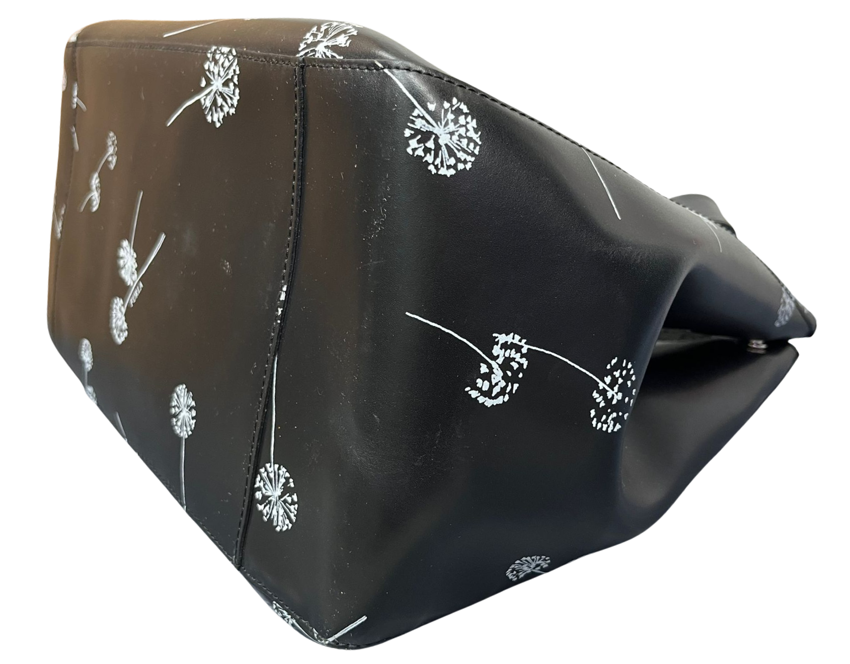 Furla Tote Bag Black Leather White Dandelion Print