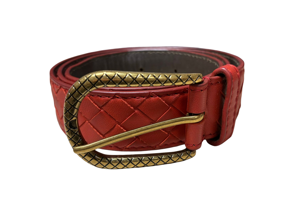 Bottega Veneta Intrecciato Red Woven Leather Belt Gold Tone Buckle