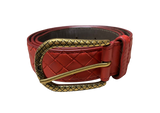 Bottega Veneta Intrecciato Red Woven Leather Belt Gold Tone Buckle