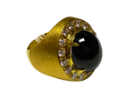 916 Yellow Gold Cocktail Ring 13.50 Carat Blue Sapphire Cabochon 20 Diamonds 22.9g