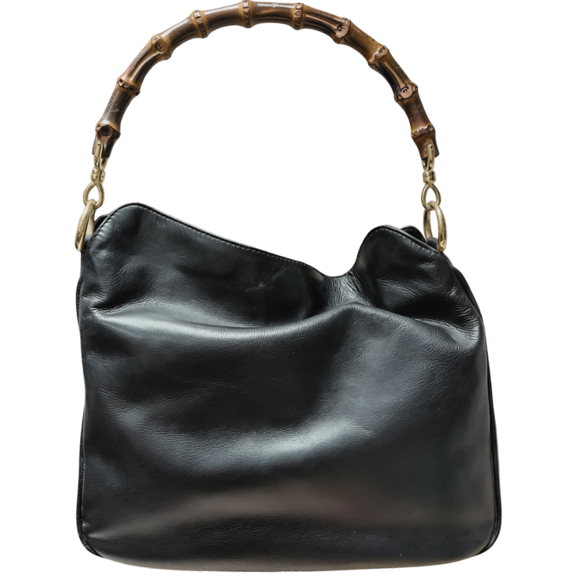 Vintage Black Leather Gucci Bamboo Hobo Handbag