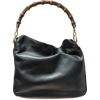 Vintage Black Leather Gucci Bamboo Hobo Handbag
