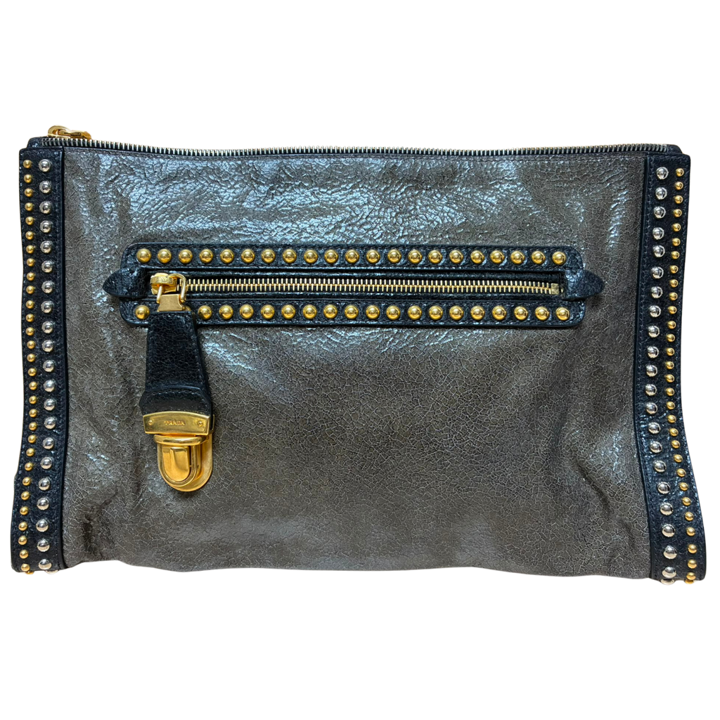 Prada Leather Craquele Studded Clutch