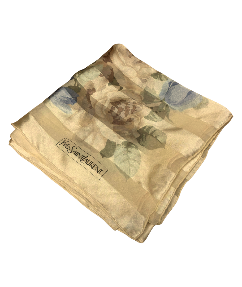 Yves Saint Laurent Silk Scarf  86CM X 86CM  Floral Design Muted Gold And Blue Tones