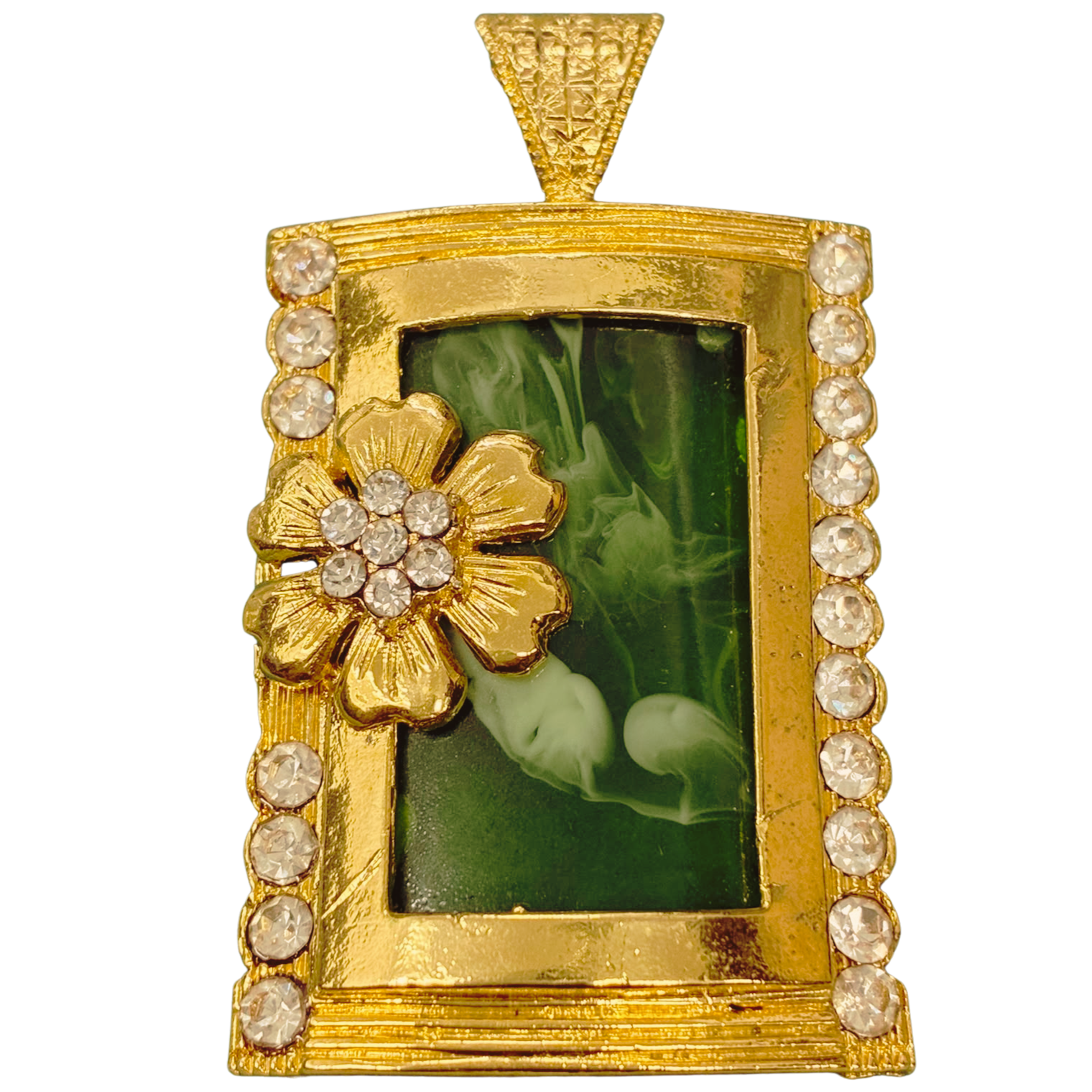 Gold Tone Metal  Vintage Green Stone Pendant