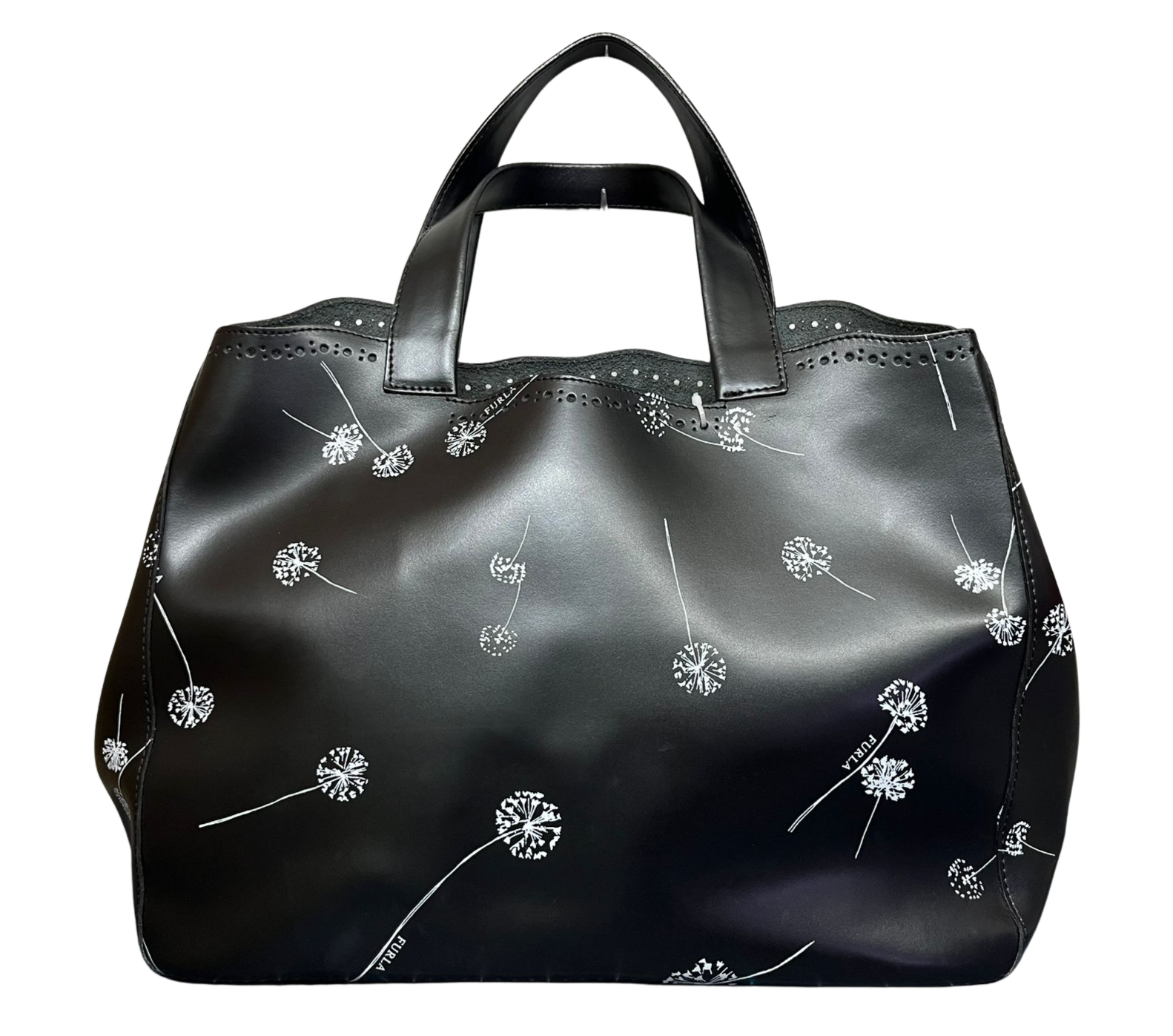 Furla Tote Bag Black Leather White Dandelion Print