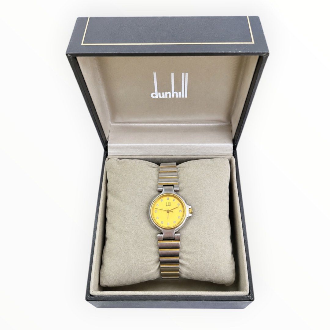 Dunhill Swiss Two-Tone Silver and Gold Tone Case Bracelet with Gold Dial Crystal Marker Ladies Watch 28mm
