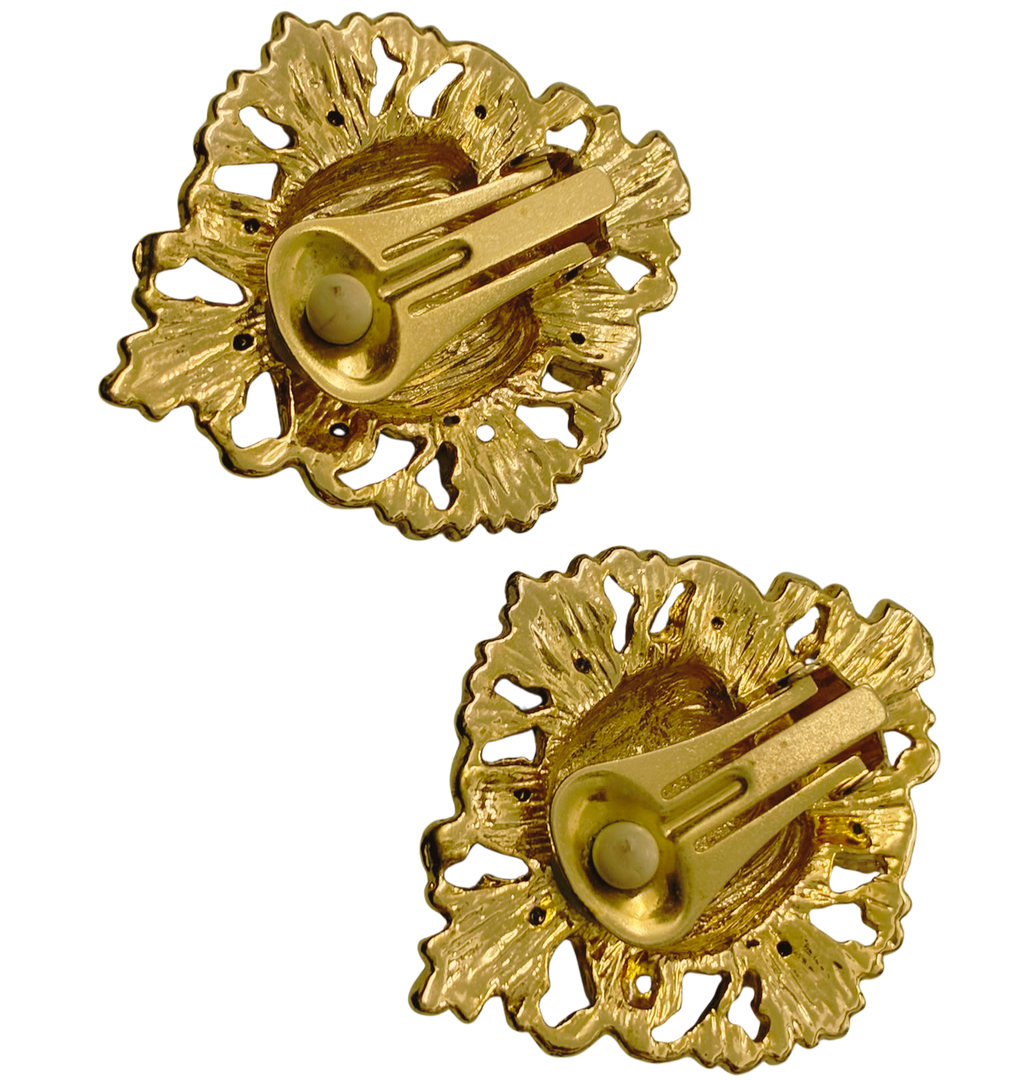 Gold Tone Metal Green Oval Crystal ClipOn Earrings