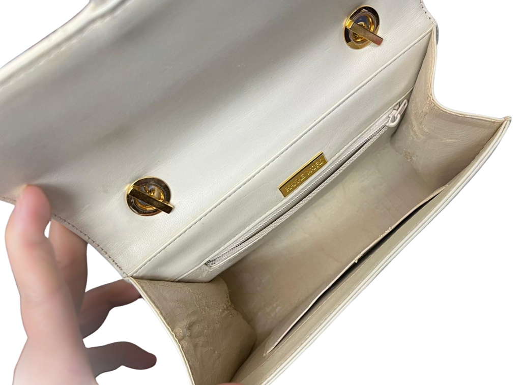 Vintage Hanae Mori Turnlock Gold Chain Shoulder Bag Cream Leather