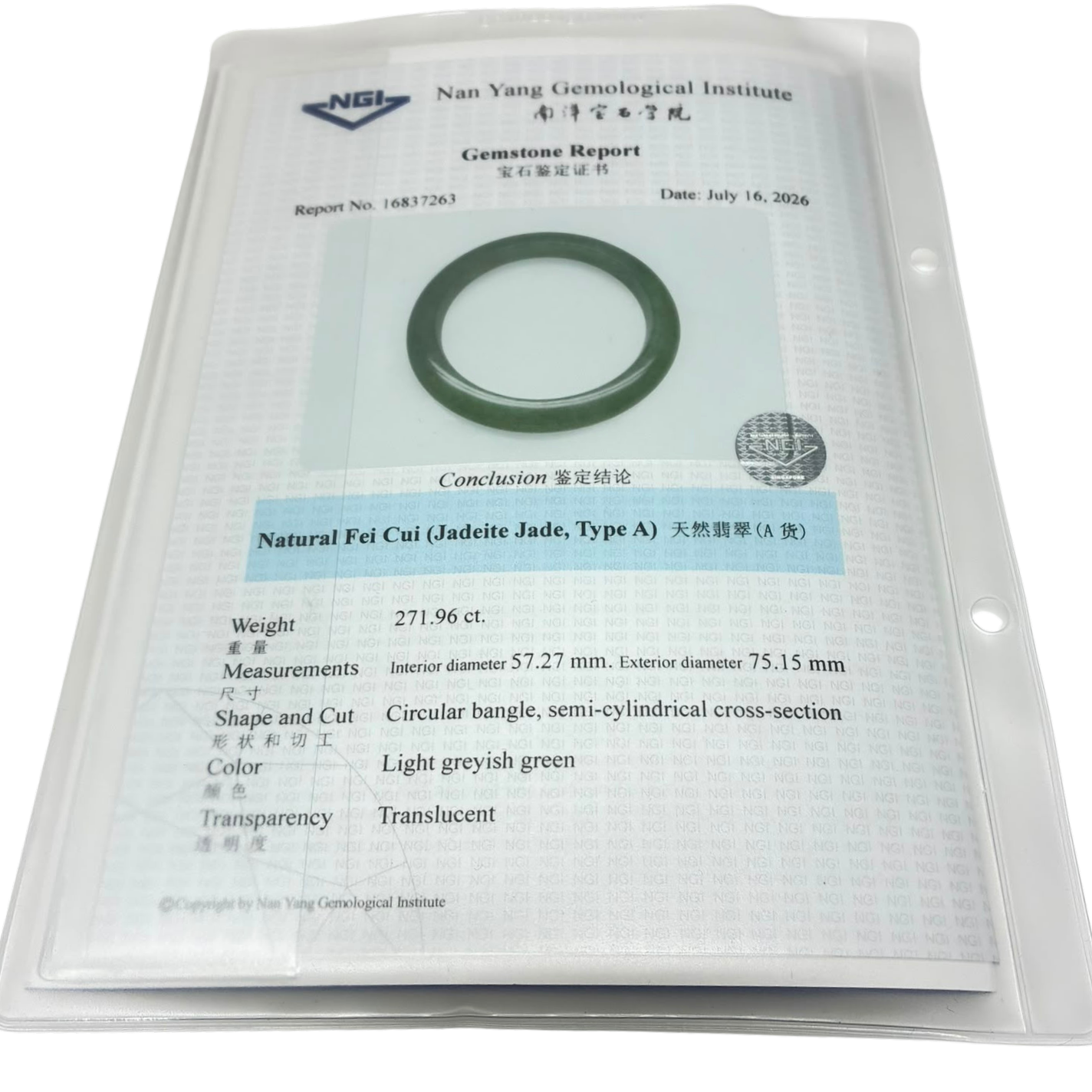 Fei Cui Jade Type A Natural Jadeite Bangle 271.96CT